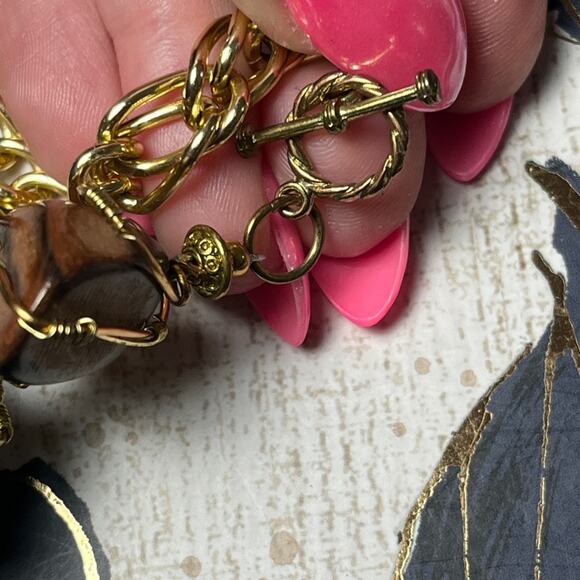 Vintage Gold Chain Brown Wood Bead and Clear Crystal Wire-Wrapped Necklace D1 - Picture 5 of 11